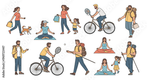 Large set of people enjoying various outdoor lifestyle activities like shopping, walking a dog, yoga, cycling, hiking, and trekking with gear.