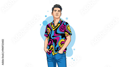 Portrait of a stylish young man wearing a vibrant psychedelic patterned shirt standing against a blue abstract background.