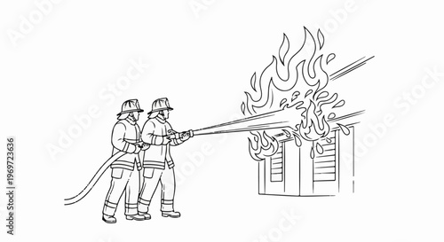 Firefighters extinguish a burning building with a water hose