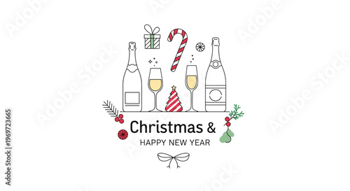 Festive Christmas and Happy New Year logo design with holiday elements like champagne bottles, glasses, candy cane, gifts, and a small pine tree.