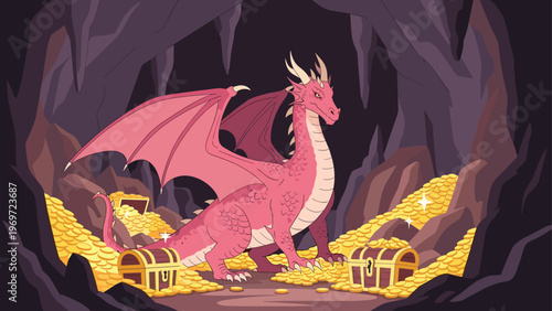 Epic scene of a pink dragon guarding piles of gold coins and treasure chests inside a dark limestone cave with stalactites.