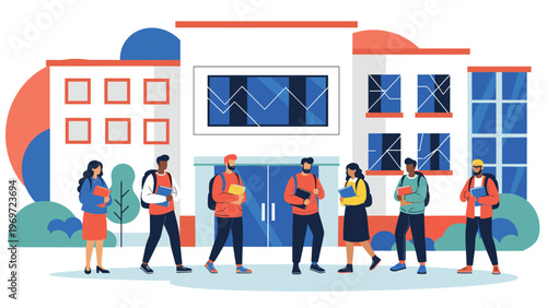 Diverse group of students with backpacks and books standing in front of a modern school or university campus building.