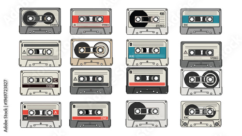 Collection of various colorful vintage audio cassette tapes arranged in a grid representing retro music culture.