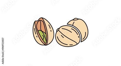 Vector illustration of two pistachio nuts features one whole and one cracked open to reveal the green seed inside on a plain background.