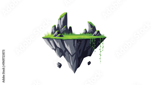 Fantasy floating island made of jagged grey rocks covered with green grass and hanging vines against a white background.