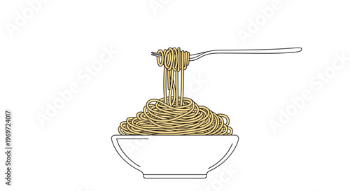 Fork lifting a swirl of long noodles from a white bowl illustrates the enjoyment of a delicious pasta or noodle meal in simple style.