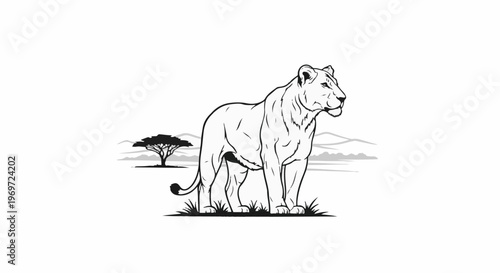 Line drawing of a lioness standing in grassy savanna with acacia tree and hills