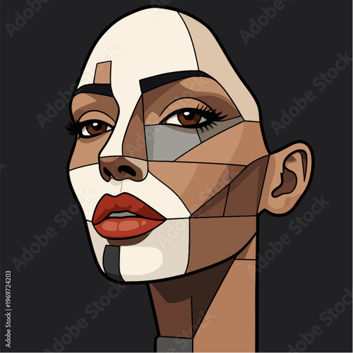 cubist female portrait side view vector illustration geometric face taupe mocha beige black background modern wall art