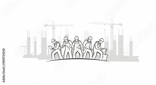 Five builders wearing hard hats and overalls stand on a curved line