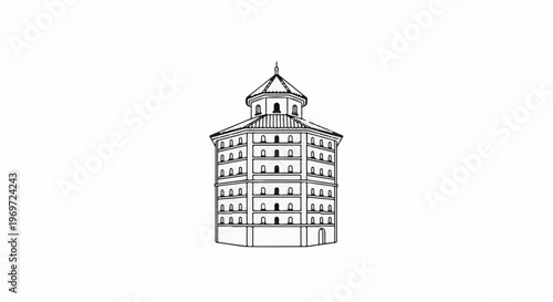 Line drawing of a multi-tiered octagonal building with a domed roof