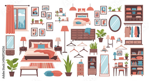 Detailed set of bedroom furniture and home decor elements includes a cozy bed, lamps, dressers, and plants for interior layout planning.
