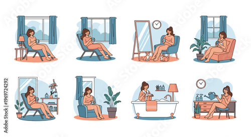 Series of illustrations depicting a young woman practicing self-care through relaxing activities like reading, bathing, and plant care.