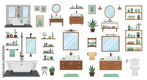 Comprehensive collection of bathroom furniture and accessories features bathtubs, sinks, mirrors, and storage units for interior design projects.