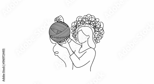 Line drawing of a person holding a ball of yarn with swirling thoughts above head