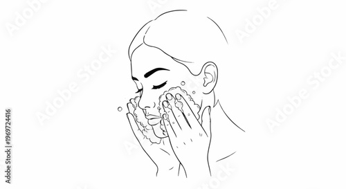 Line drawing of a person cleansing their face with foamy suds