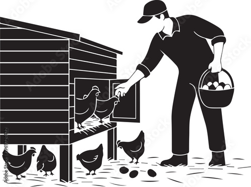 Farmer Collecting Fresh Eggs from Chicken Coop Silhouette Vector