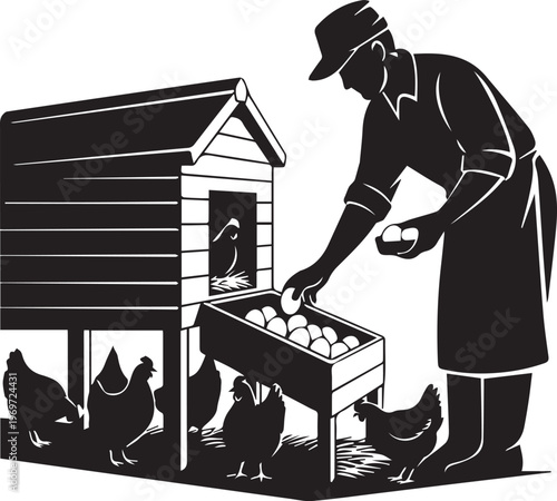 Farmer Collecting Fresh Eggs from Chicken Coop: Black and White Poultry Farming Vector Icon
