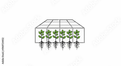 Greenhouse with row of small plants showing roots