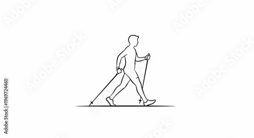 Line drawing of a person walking with ski poles, side profile