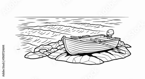Line drawing of a small boat resting on rocks by the sea with an outboard motor