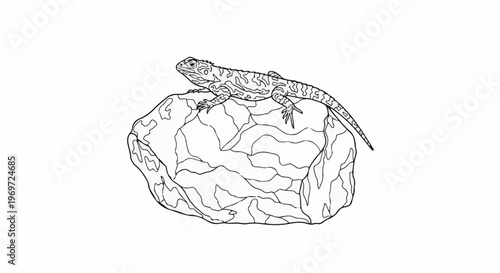Line drawing of a spiny lizard resting on a textured rock