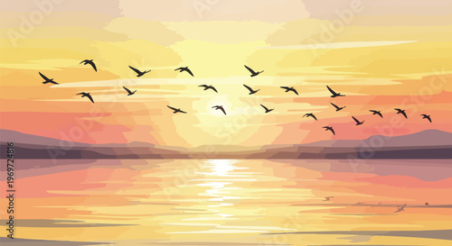 Flock of Birds Flying Over a Serene Lake at Sunset