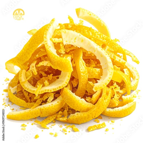 A pile of curled and shredded yellow citrus peels on a white background
