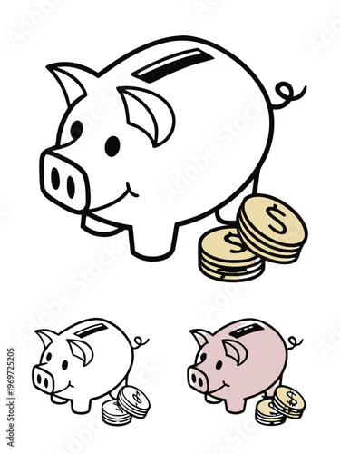 Cute Piggy Bank with Savings Coins - Personal Finance and Wealth Accumulation Vector