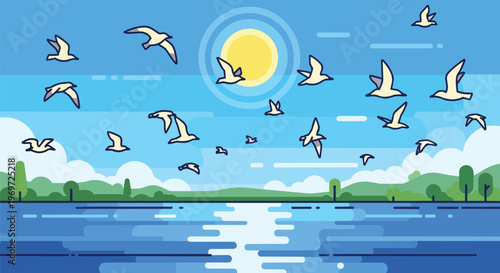 Flat Vector Illustration of Seagulls Flying Over a Calm Lake at Sunset