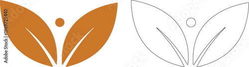 Two offset leaves forming a U shape in orange silhouette and outline on white