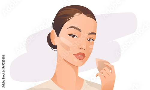 Woman applying foundation makeup natural beauty skincare routine soft pastel colors clean background cosmetic product application concept