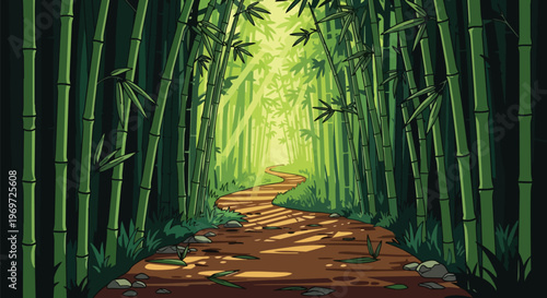 Pixel Art Bamboo Forest Path with Sunlight Rays