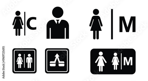 Public restroom signage depicting men women and accessible facilities