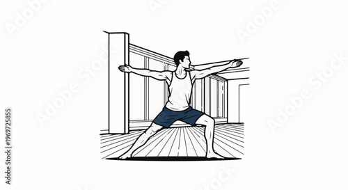 Man performs warrior pose on wooden floor in minimalist room