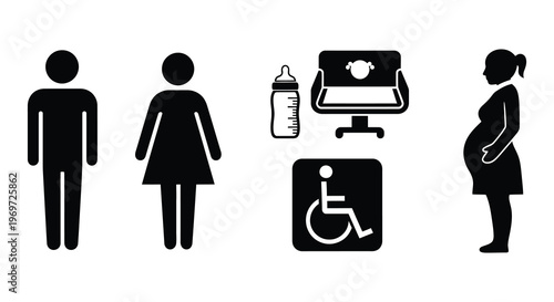 Public restroom signage depicting men women and accessible facilities