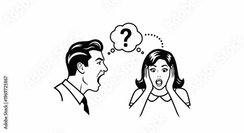 Man shouting at surprised woman, question mark in thought bubble