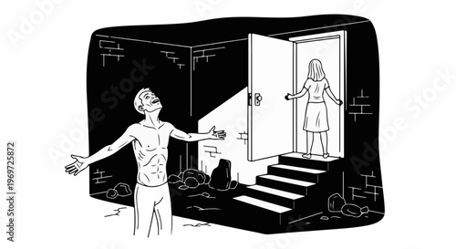 Man reaching out towards an open door with a woman standing at the top of stairs