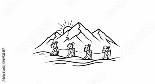 Five trekkers with backpacks and poles hike across wavy terrain below mountains