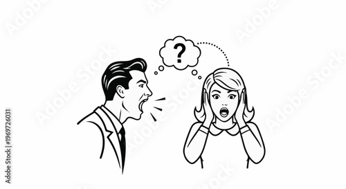 Man yelling at woman with question mark in thought bubble