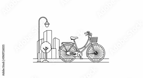 Line drawing of a vintage bicycle with a basket parked on a street