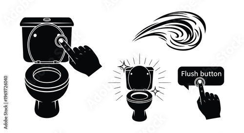 Flushing toilet illustration showing hand pressing button and water swirl