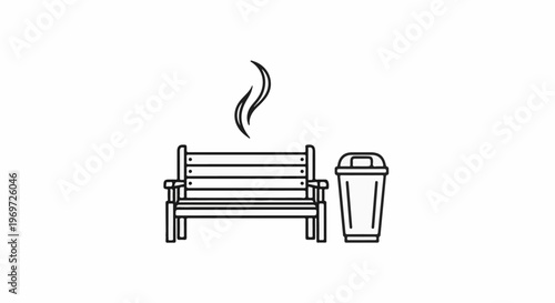 Minimalist line art of a park bench with a trash can and steam rising