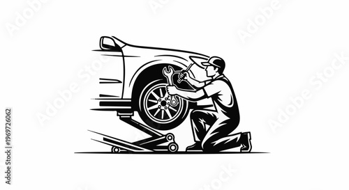 Mechanic in overalls kneels, fixing a car wheel with a wrench