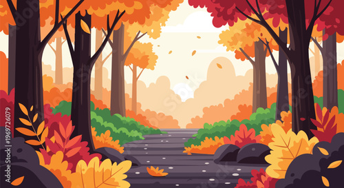 Autumn Forest Path with Vibrant Fall Foliage and Soft Sunlight