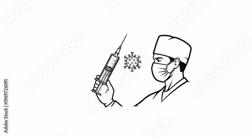 Medic in mask holds syringe confronting virus depiction
