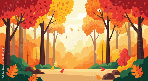 Beautiful Autumn Forest Landscape with Colorful Trees and Falling Leaves Vector Illustration
