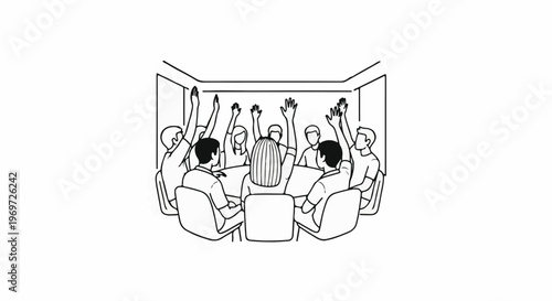 Group of people around a table raising their hands