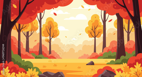 Beautiful Autumn Forest Landscape with Vibrant Fall Foliage and Golden Sunlight