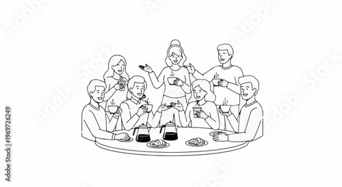 Group of people gathered around a table, enjoying coffee and pastries