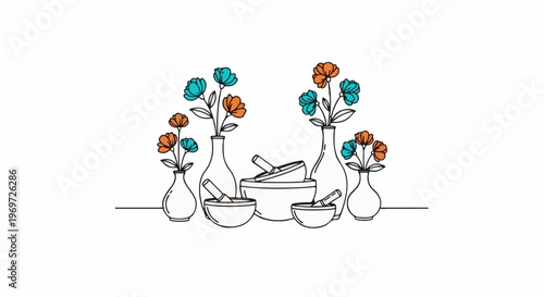 Floral vases and mortar and pestle on white background